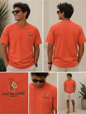 Mexico Shirt Men’s Large Orange Lizard‎ Embroidery Playa Del Carmen Casual Beach